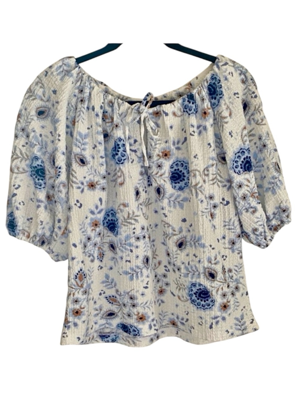 LOFT Blue Floral Peasant Blouse Puff Sleeve Textured Boho Top Size S